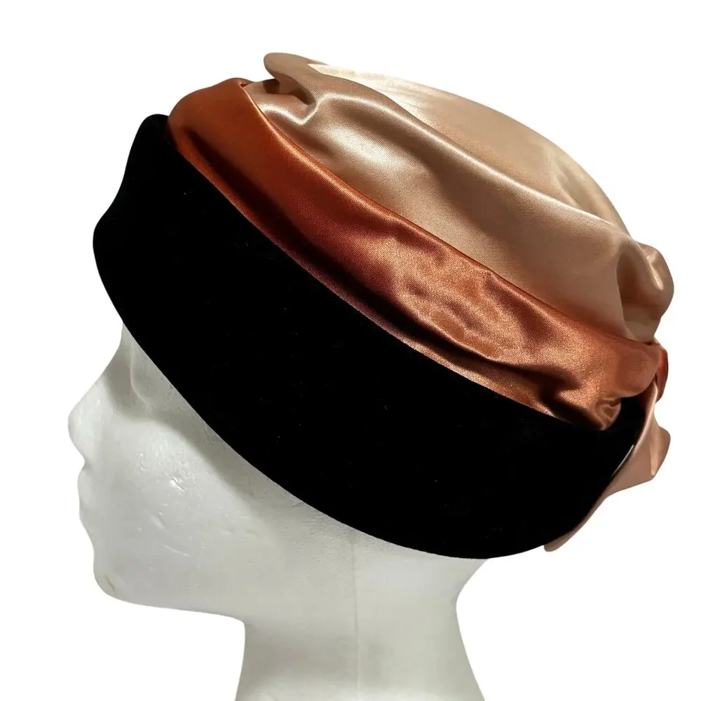 Vintage Turban Pillbox hat two toned pink blush satin & black velvet Size 22
